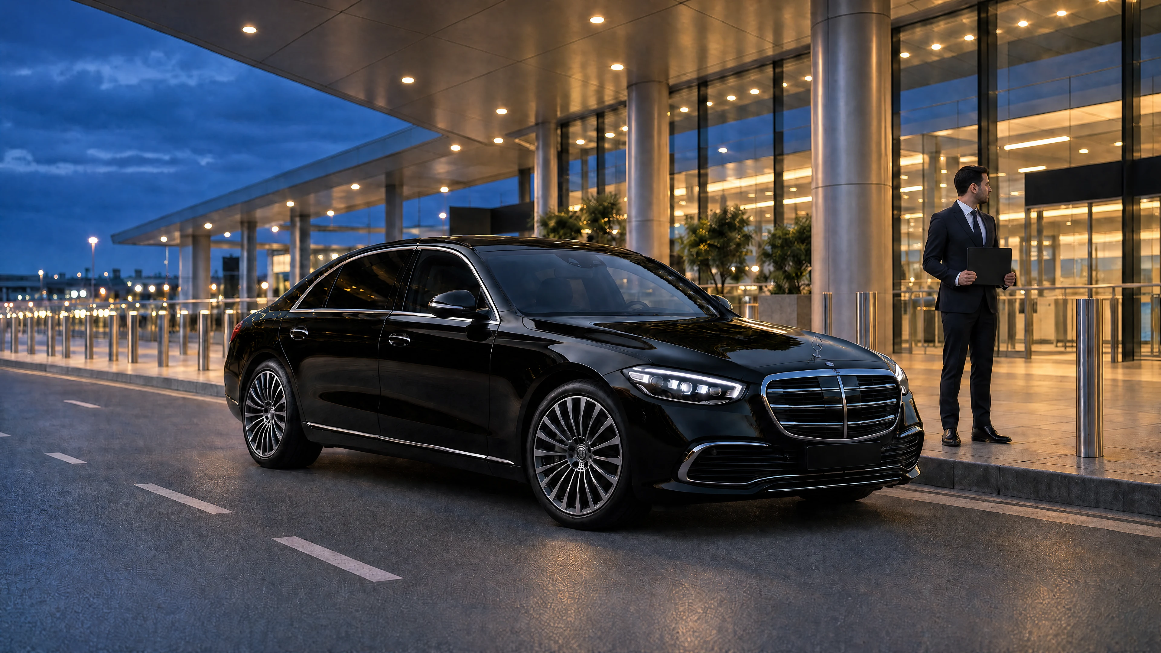 A chauffeur holding a blank welcome board beside a black W223 Mercedes-Benz S-Class L at an airport arrivals-area footpath