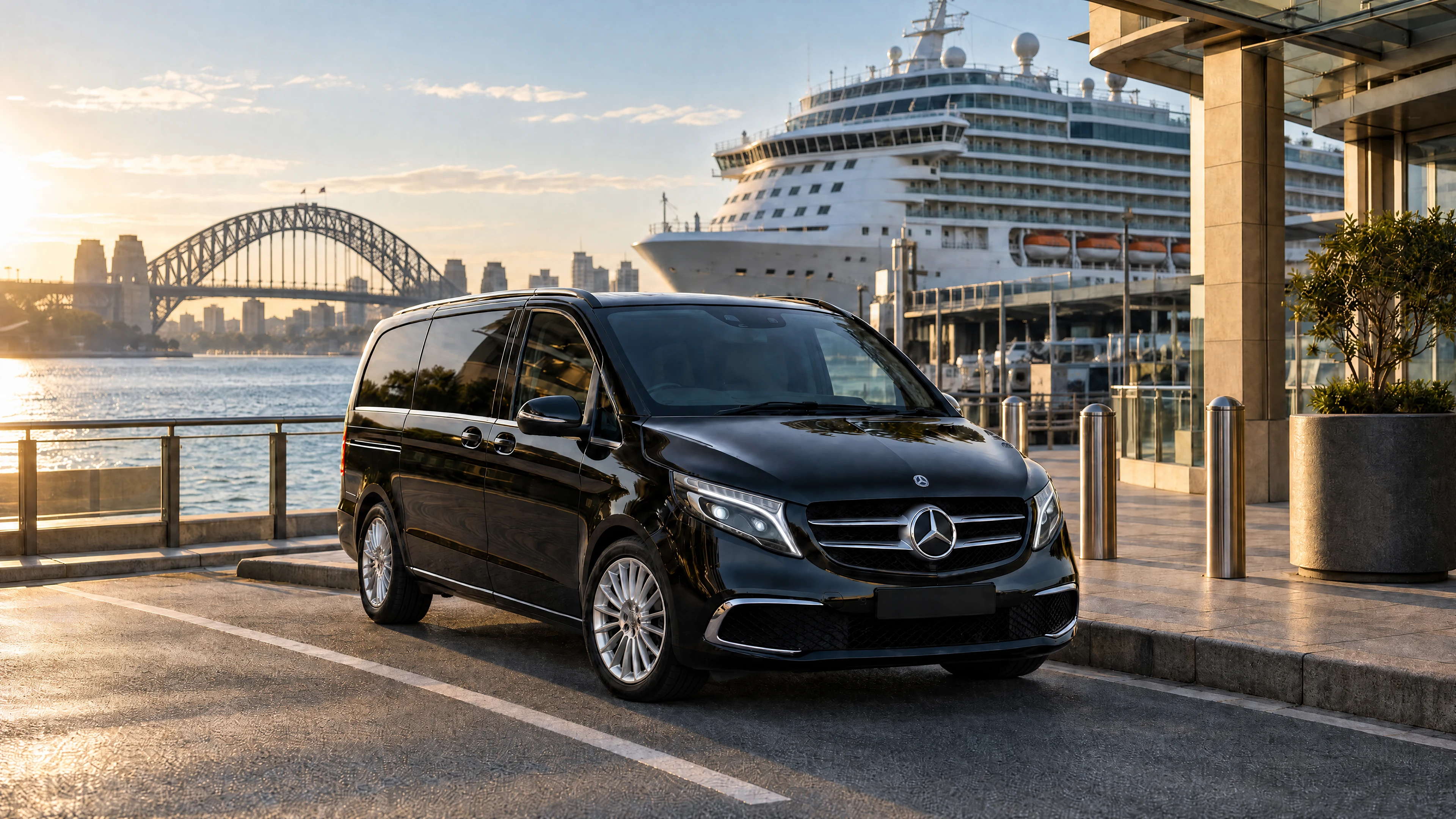 A black Mercedes-Benz V-Class beside a cruise ship with the Sydney Harbour Bridge in the background at golden hour
