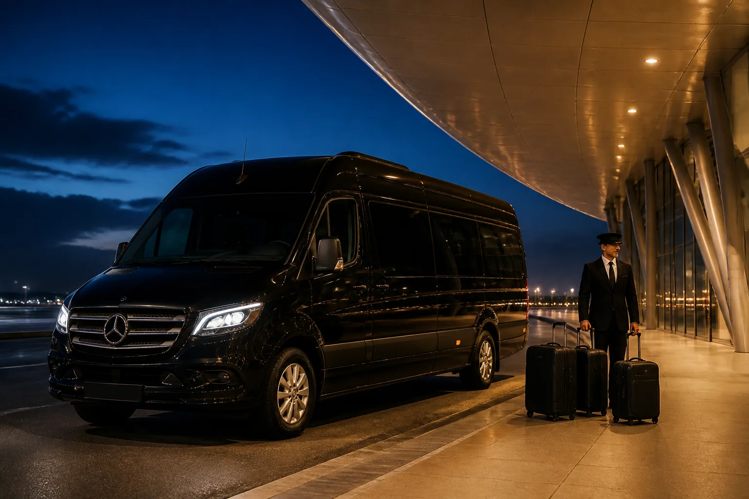 AI-generated campaign visual of a black Mercedes-Benz Sprinter prepared for 12-seat airport group transport