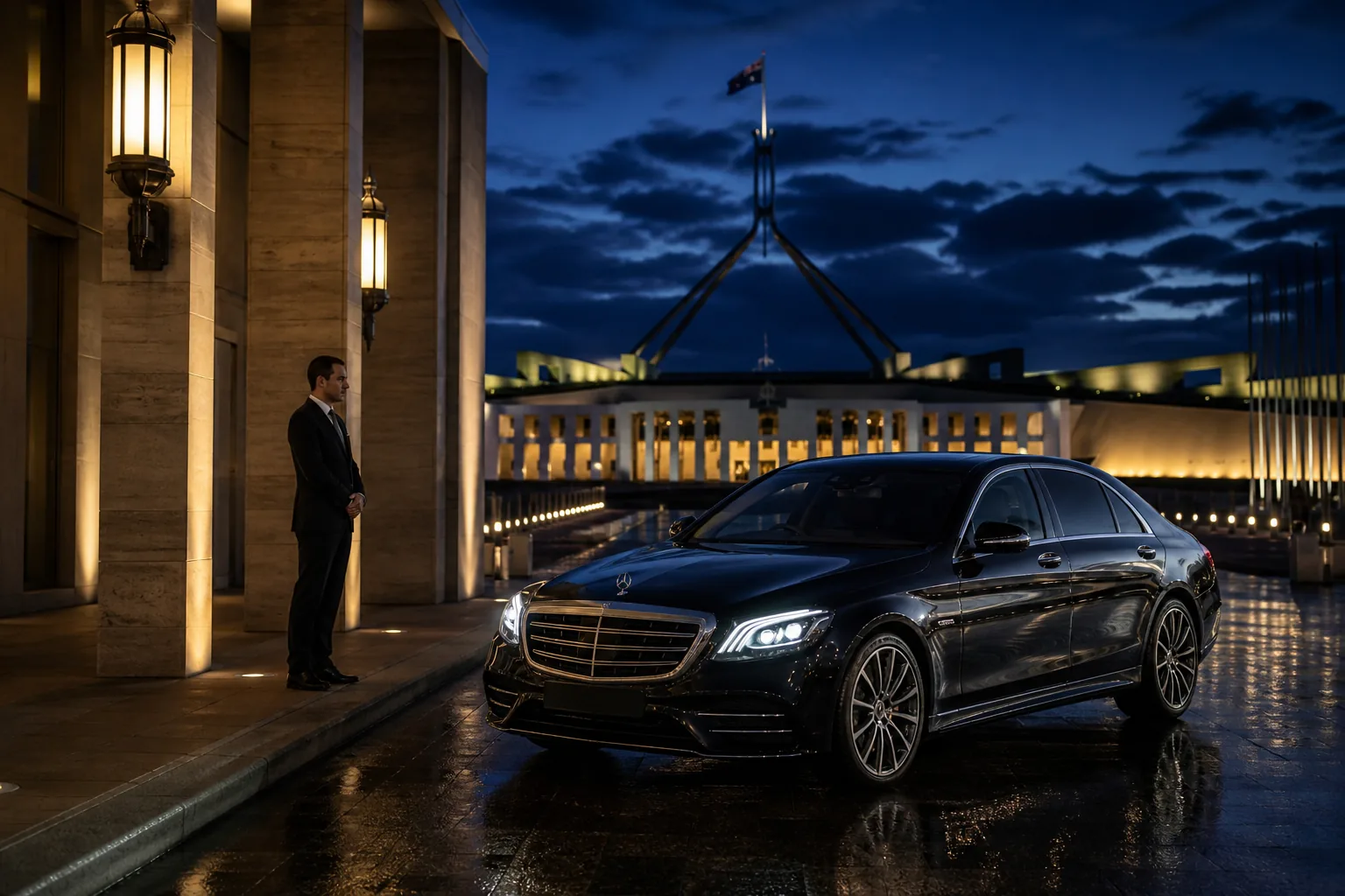Black Mercedes-Benz S-Class and chauffeur at a Canberra government building approach