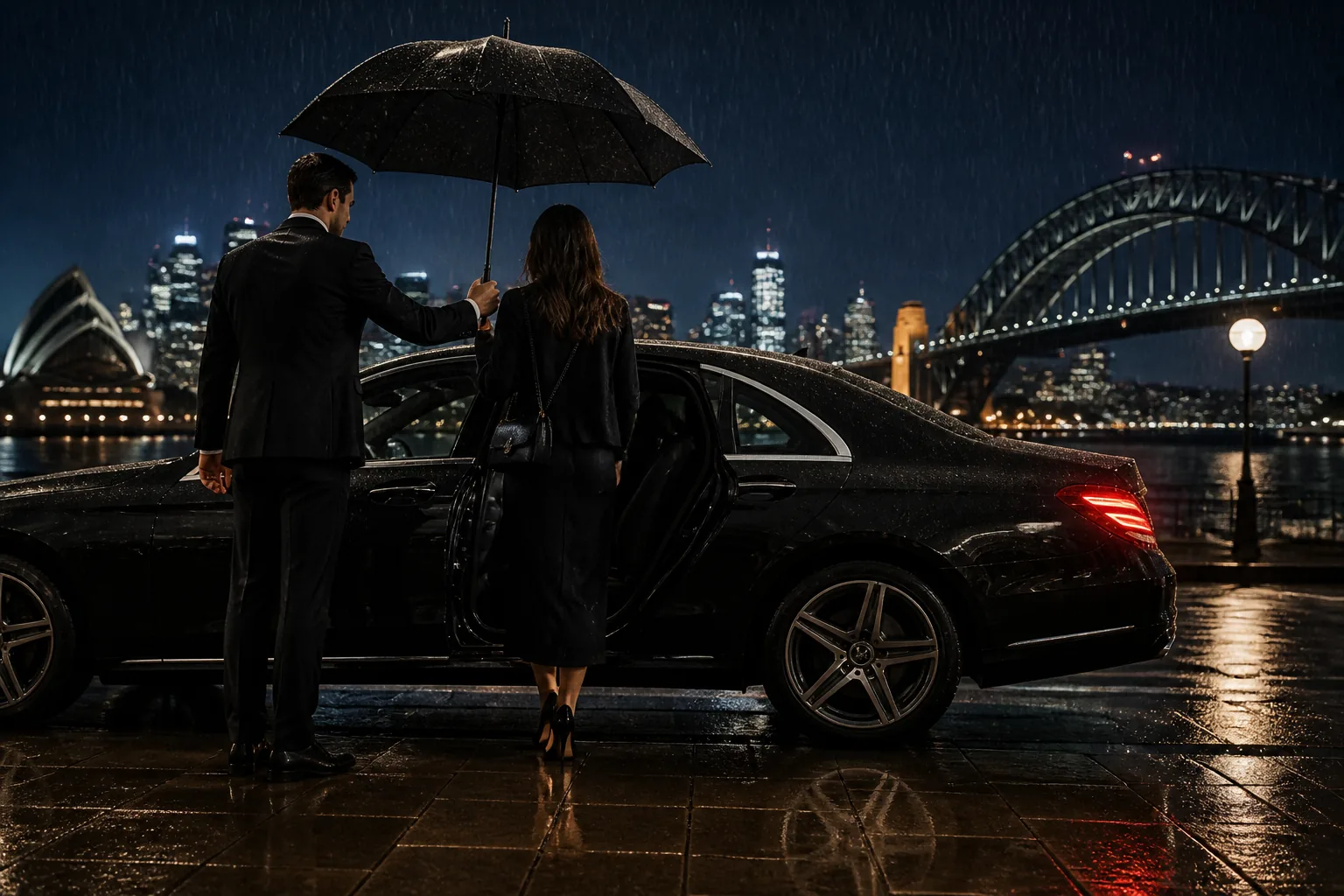 A Mercedes-Benz chauffeur holding an umbrella beside a black S-Class at night
