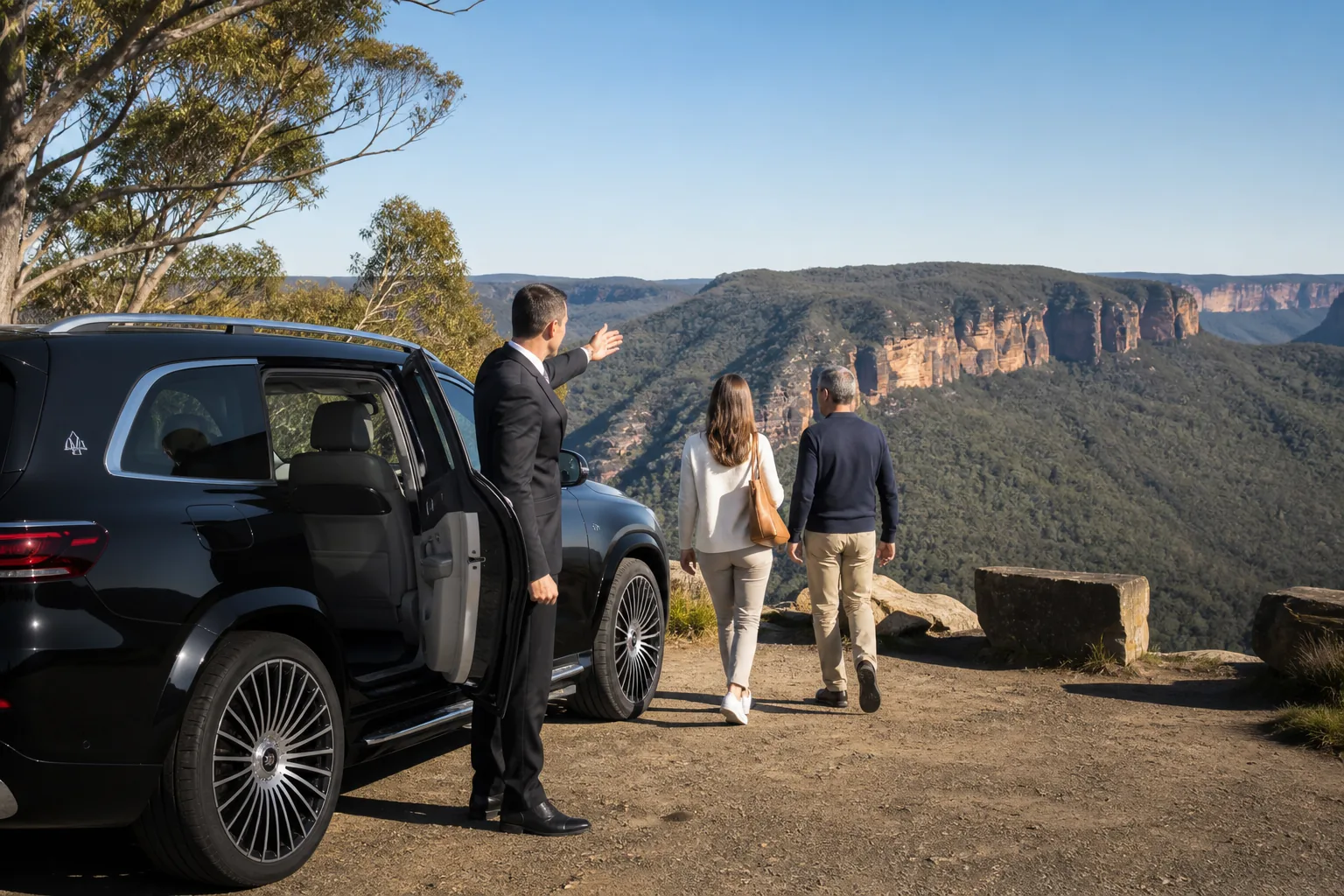 Mercedes-Benz GLS at a Blue Mountains lookout for a private chauffeur tour from Sydney