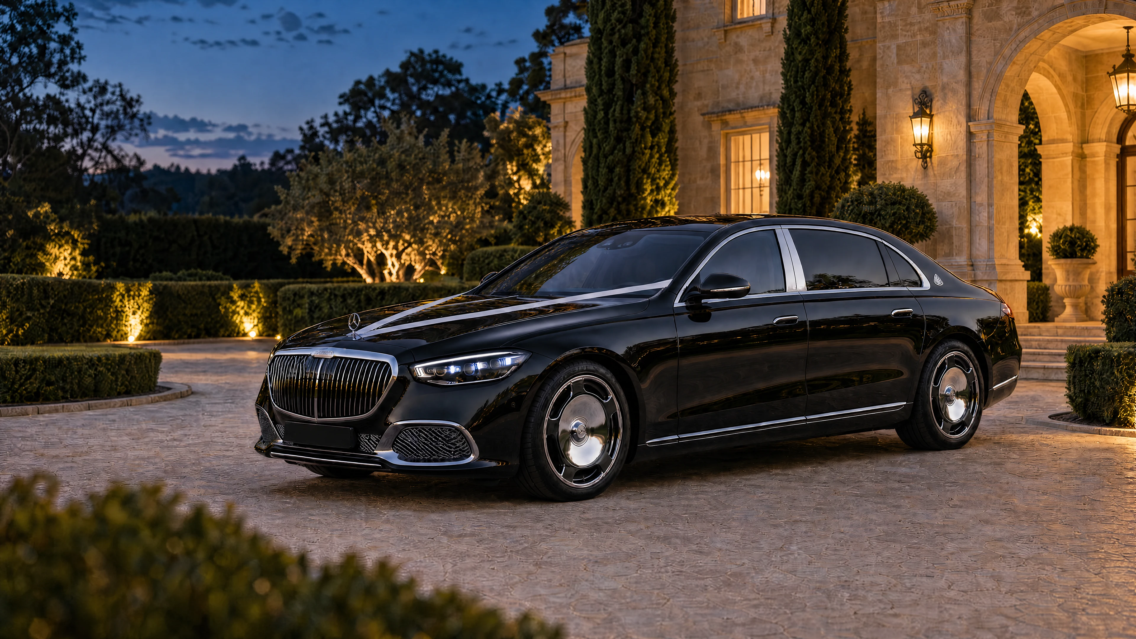 A single black Mercedes-Maybach S 680 arriving at a formal Sydney wedding venue